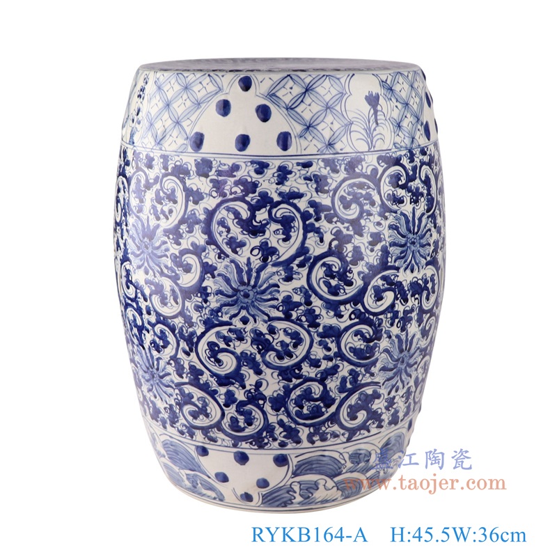 青花缠枝花卉鼓凳,产品编号:RYKB164-A 产品尺寸(单位cm): 高45.5直径36口径8.5底径28重量10.94KG