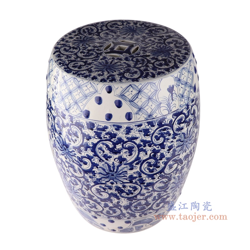 青花缠枝花卉鼓凳,产品编号:RYKB164-A 产品尺寸(单位cm): 高45.5直径36口径8.5底径28重量10.94KG