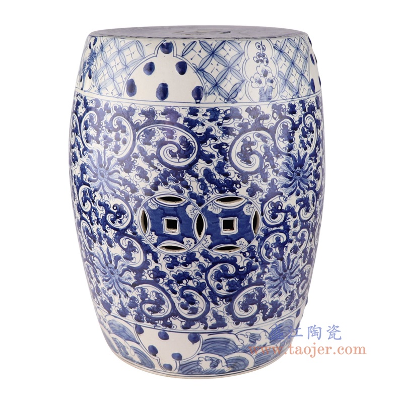 青花缠枝花卉鼓凳,产品编号:RYKB164-A 产品尺寸(单位cm): 高45.5直径36口径8.5底径28重量10.94KG