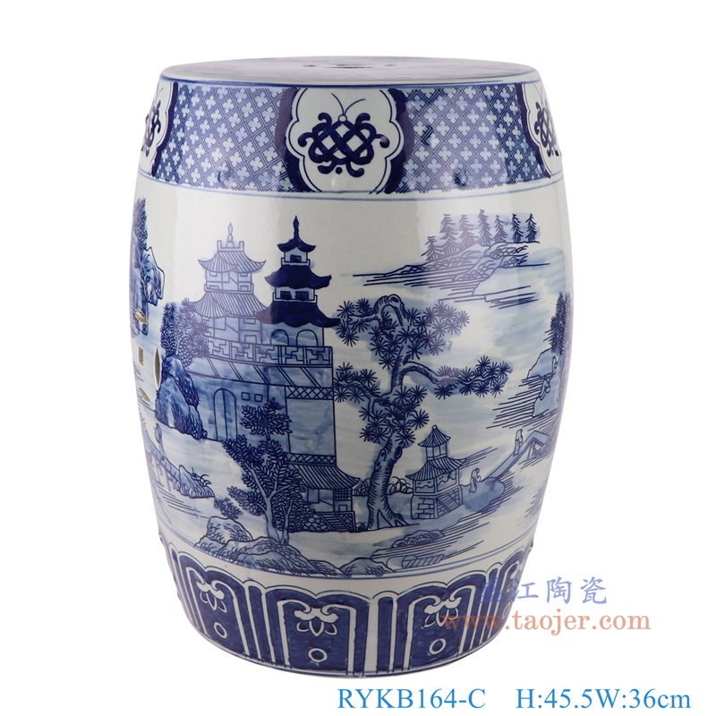 青花山水鼓凳,产品编号:RYKB164-C 产品尺寸(单位cm): 高45.5直径36口径8.5底径27.8重量11.56KG