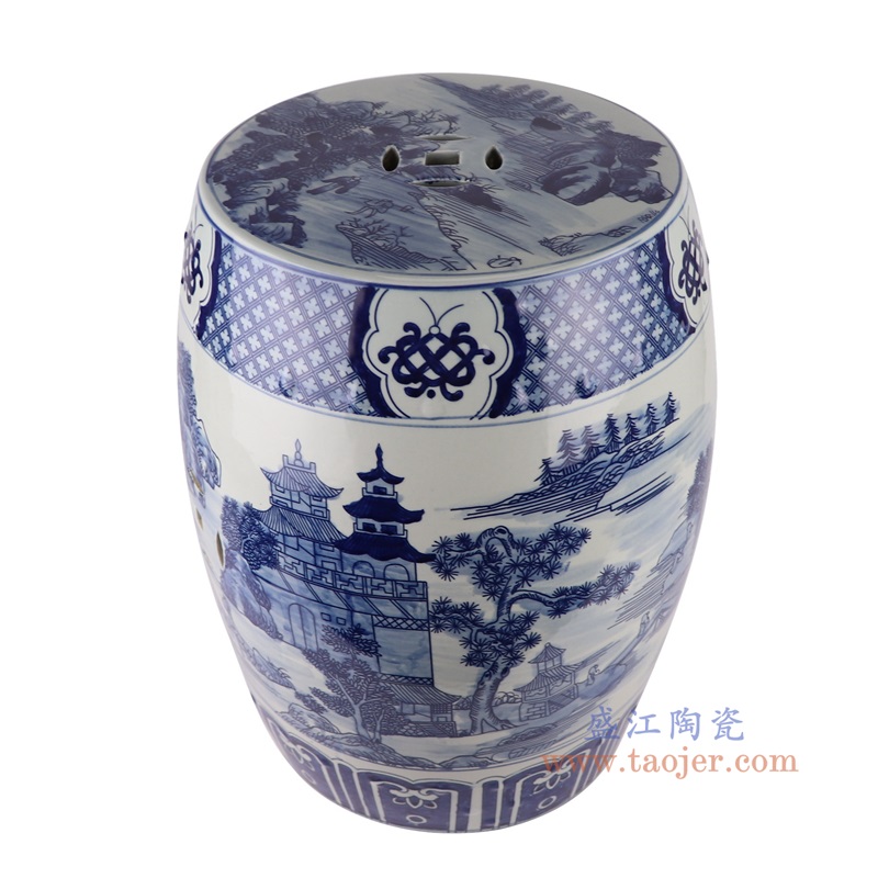 青花山水鼓凳,产品编号:RYKB164-C 产品尺寸(单位cm): 高45.5直径36口径8.5底径27.8重量11.56KG