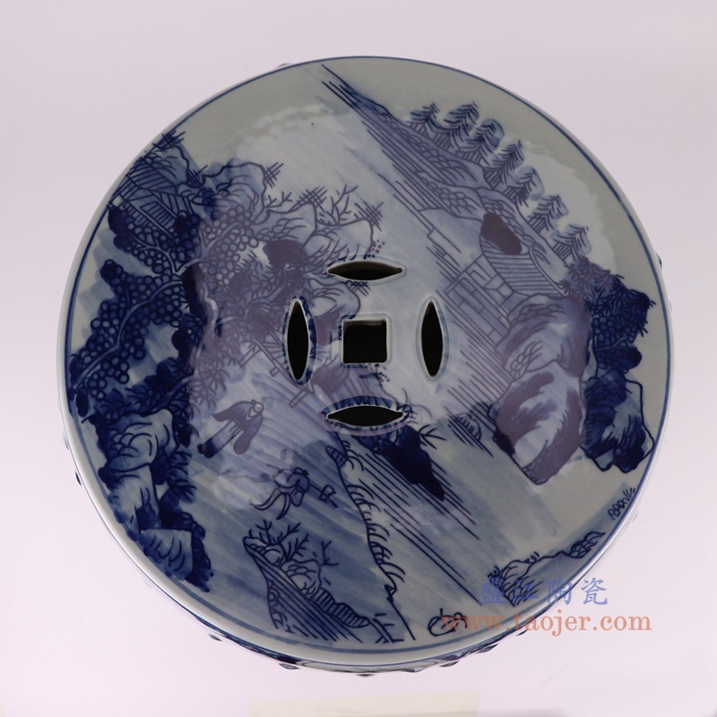青花山水鼓凳,产品编号:RYKB164-C 产品尺寸(单位cm): 高45.5直径36口径8.5底径27.8重量11.56KG
