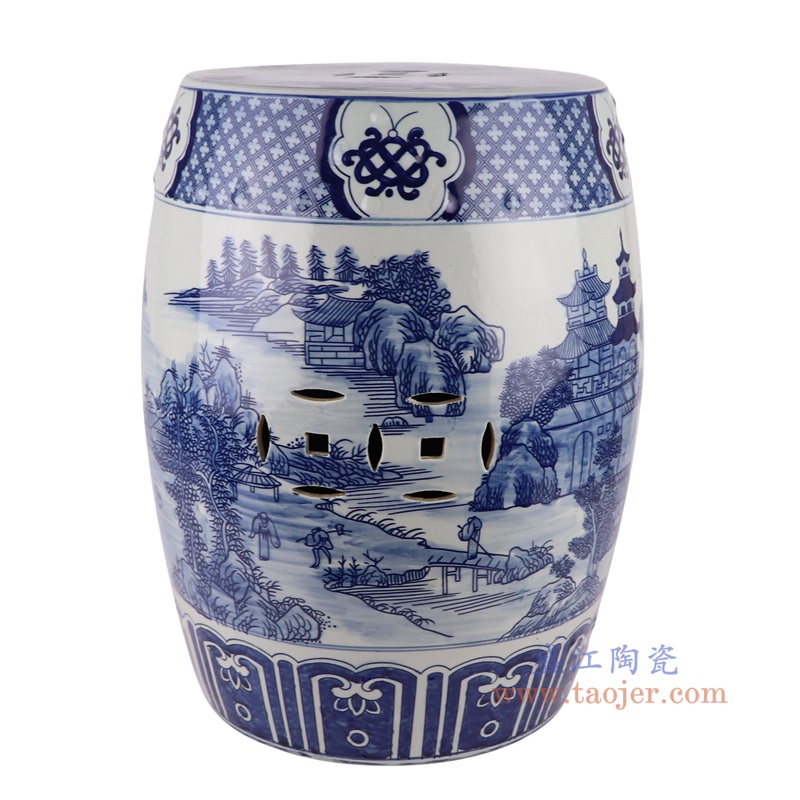 青花山水鼓凳,产品编号:RYKB164-C 产品尺寸(单位cm): 高45.5直径36口径8.5底径27.8重量11.56KG