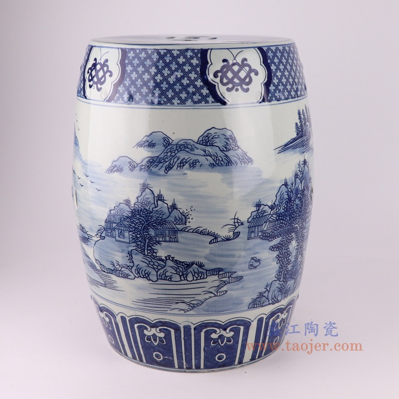青花山水鼓凳,产品编号:RYKB164-C 产品尺寸(单位cm): 高45.5直径36口径8.5底径27.8重量11.56KG