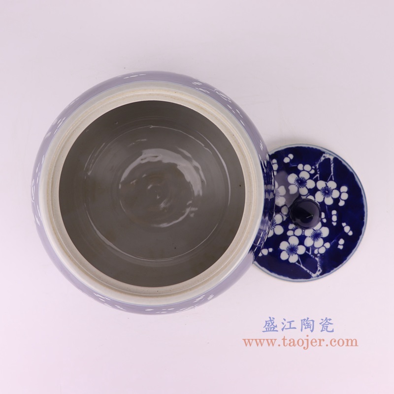 青花蓝底冰梅圆钵罐茶叶罐，产品编号：RYKB165-A       产品尺寸(单位cm):  高23.1直径23.2口径8.5底径14.5重量2.8KG