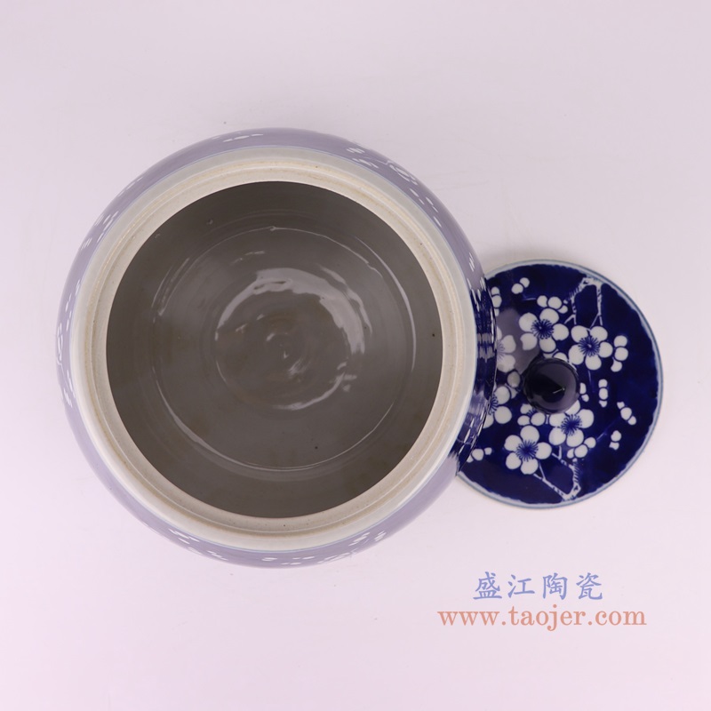 青花蓝底冰梅圆钵罐茶叶罐,产品编号:RYKB165-A 产品尺寸(单位cm): 高23.1直径23.2口径8.5底径14.5重量2.8KG