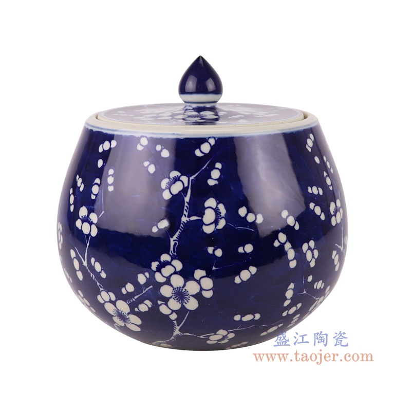 青花蓝底冰梅圆钵罐茶叶罐,产品编号:RYKB165-A 产品尺寸(单位cm): 高23.1直径23.2口径8.5底径14.5重量2.8KG