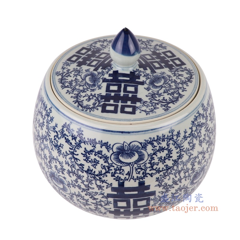 青花喜字纹圆钵罐茶叶罐,产品编号:RYKB165-B 产品尺寸(单位cm): 高23.1直径23.2口径底径14.5重量2.8KG