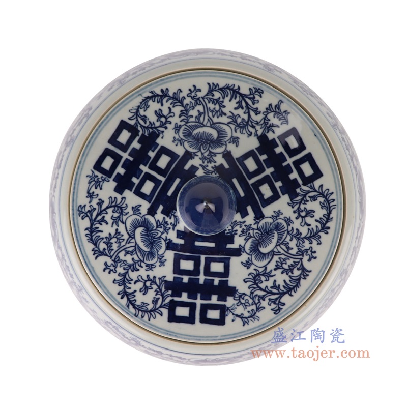 青花喜字纹圆钵罐茶叶罐,产品编号:RYKB165-B 产品尺寸(单位cm): 高23.1直径23.2口径底径14.5重量2.8KG