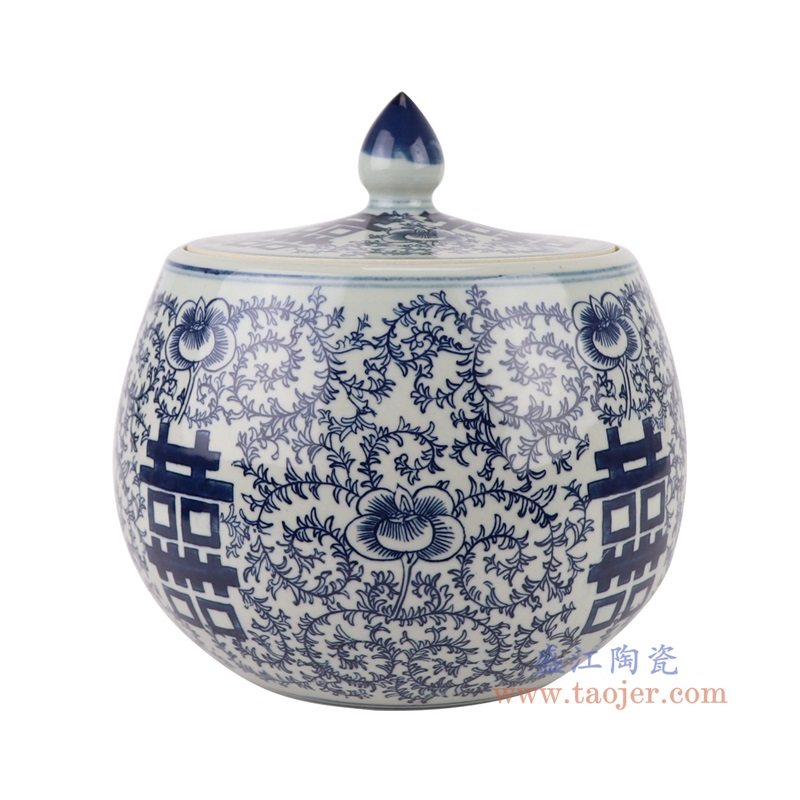 青花喜字纹圆钵罐茶叶罐,产品编号:RYKB165-B 产品尺寸(单位cm): 高23.1直径23.2口径底径14.5重量2.8KG