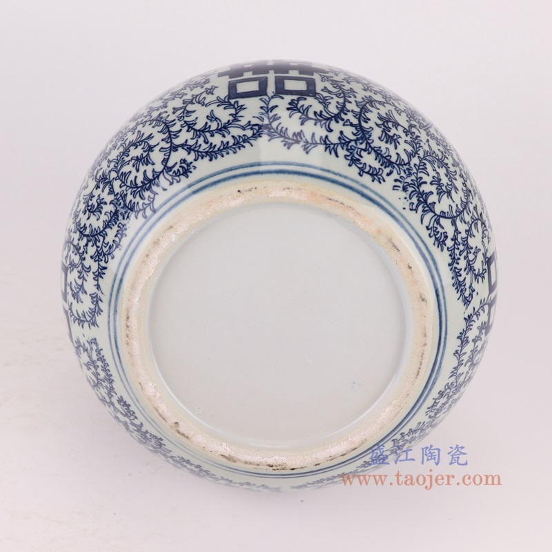 青花喜字纹圆钵罐茶叶罐,产品编号:RYKB165-B 产品尺寸(单位cm): 高23.1直径23.2口径底径14.5重量2.8KG