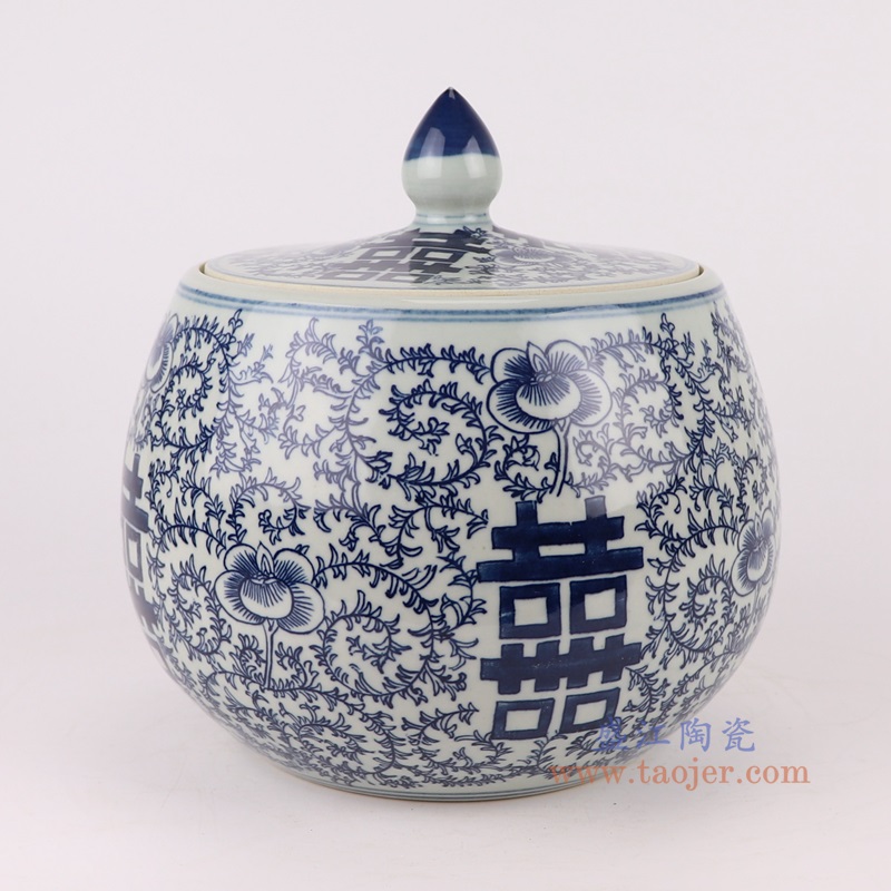 青花喜字纹圆钵罐茶叶罐,产品编号:RYKB165-B 产品尺寸(单位cm): 高23.1直径23.2口径底径14.5重量2.8KG