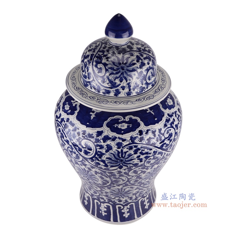 青花缠枝莲将军罐,产品编号:RYKB167-A 产品尺寸(单位cm): 高69直径37.4口径底径25重量13.85KG