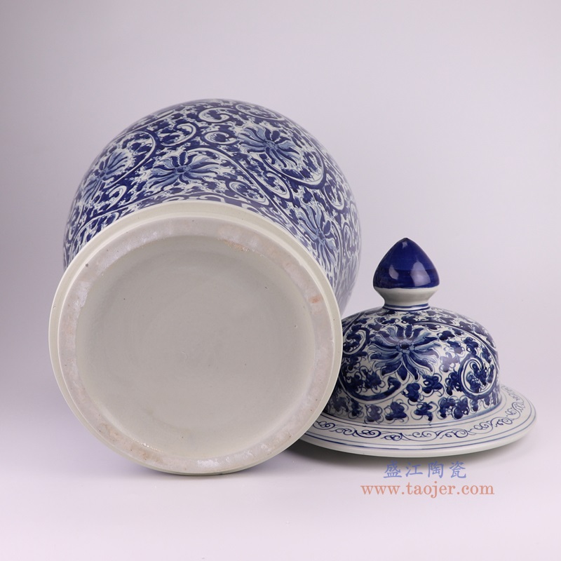 青花缠枝莲将军罐,产品编号:RYKB167-A 产品尺寸(单位cm): 高69直径37.4口径底径25重量13.85KG
