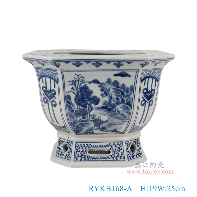青花开窗山水八角花盆,产品编号:RYKB168-A 产品尺寸(单位cm): 高19直径25口径底径17重量3.15KG