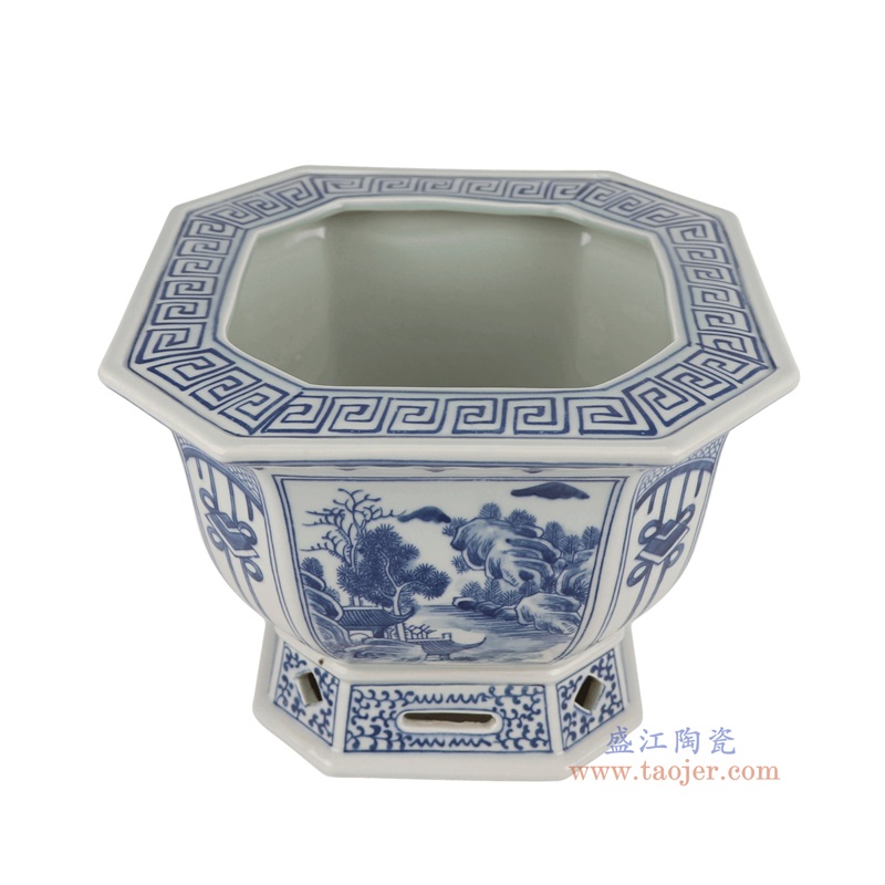 青花开窗山水八角花盆,产品编号:RYKB168-A 产品尺寸(单位cm): 高19直径25口径底径17重量3.15KG
