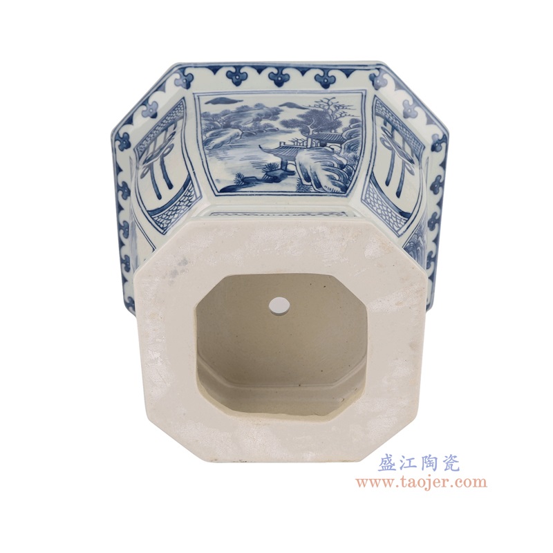 青花开窗山水八角花盆,产品编号:RYKB168-A 产品尺寸(单位cm): 高19直径25口径底径17重量3.15KG