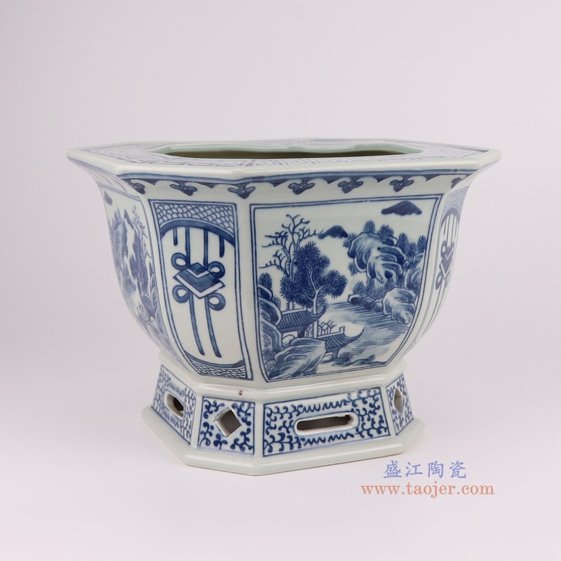 青花开窗山水八角花盆,产品编号:RYKB168-A 产品尺寸(单位cm): 高19直径25口径底径17重量3.15KG