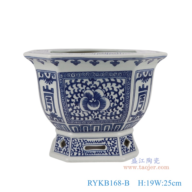 青花开窗厂子里八角花盆,产品编号:RYKB168-B 产品尺寸(单位cm): 高19直径25口径底径17重量3.15KG