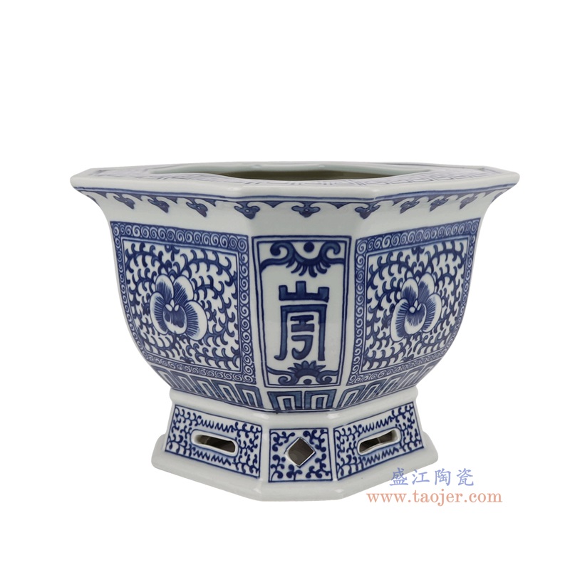 青花开窗厂子里八角花盆,产品编号:RYKB168-B 产品尺寸(单位cm): 高19直径25口径底径17重量3.15KG