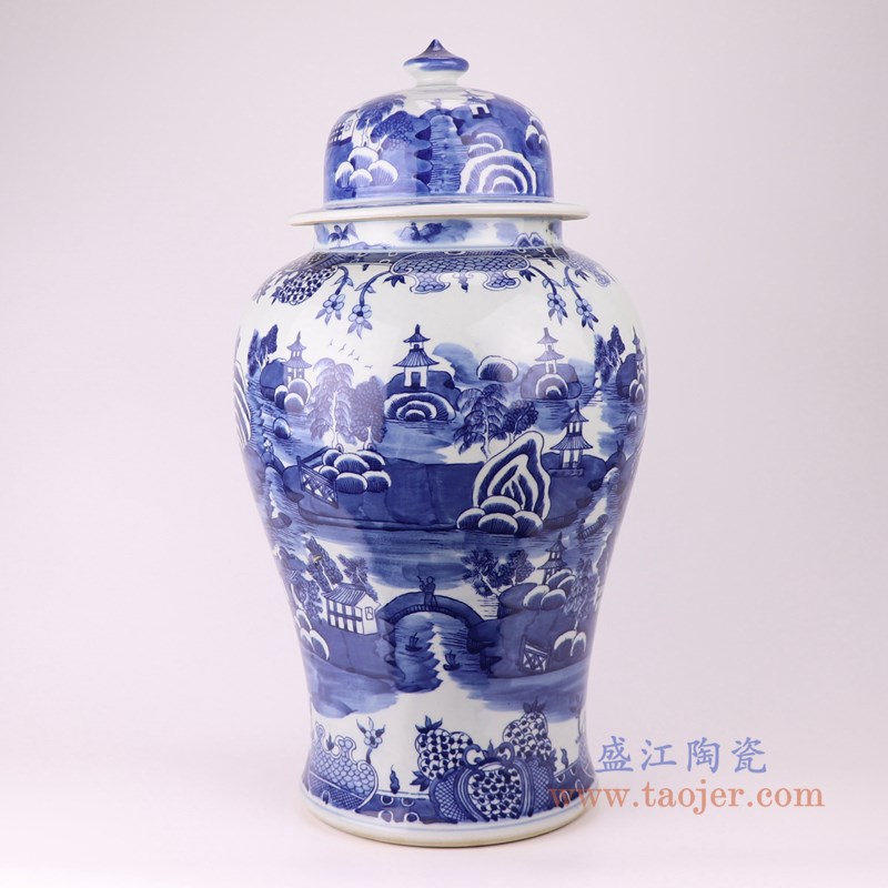 青花梧桐山水将军罐;产品编号:RYLU20-B 产品尺寸(单位cm): 高:57直径:30口径:18底径:23重量:11KG