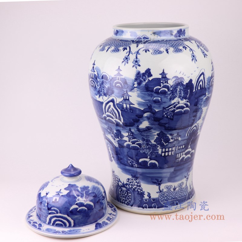 青花梧桐山水将军罐;产品编号:RYLU20-B 产品尺寸(单位cm): 高:57直径:30口径:18底径:23重量:11KG