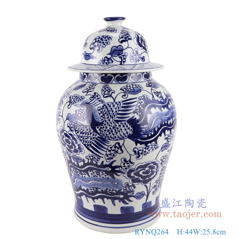 青花凤凰纹将军罐;产品编号:RYNQ264 产品尺寸(单位cm): 高:44直径:25.8口径:14.8底径:20重量:6KG