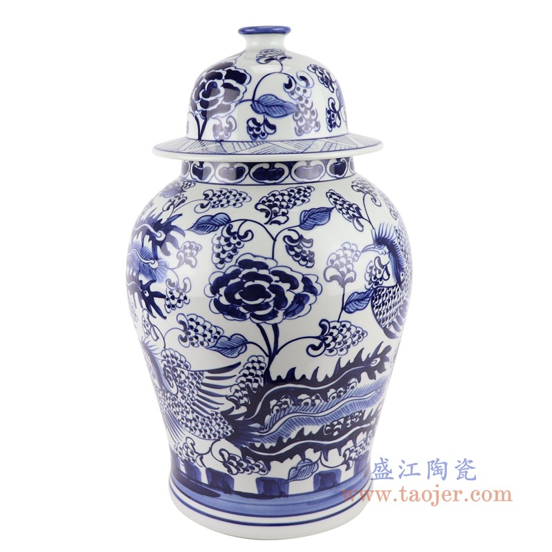 青花凤凰纹将军罐;产品编号:RYNQ264 产品尺寸(单位cm): 高:44直径:25.8口径:14.8底径:20重量:6KG