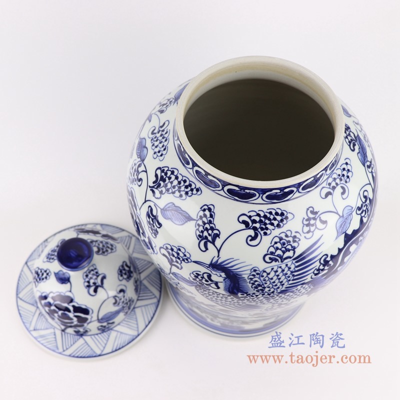 青花凤凰纹将军罐;产品编号:RYNQ264 产品尺寸(单位cm): 高:44直径:25.8口径:14.8底径:20重量:6KG