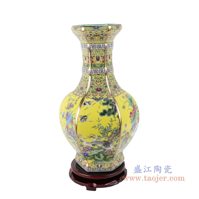 珐琅彩粉彩描金六方黄底花鸟花瓶中号;产品编号:RYRJ18-D 产品尺寸(单位cm): 高:32直径:18.5口径:底径:重量:KG