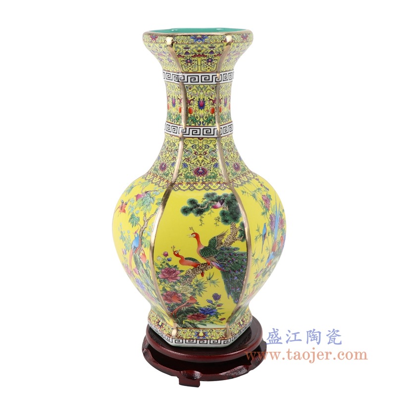 珐琅彩粉彩描金六方黄底花鸟花瓶中号;产品编号:RYRJ18-D 产品尺寸(单位cm): 高:32直径:18.5口径:底径:重量:KG