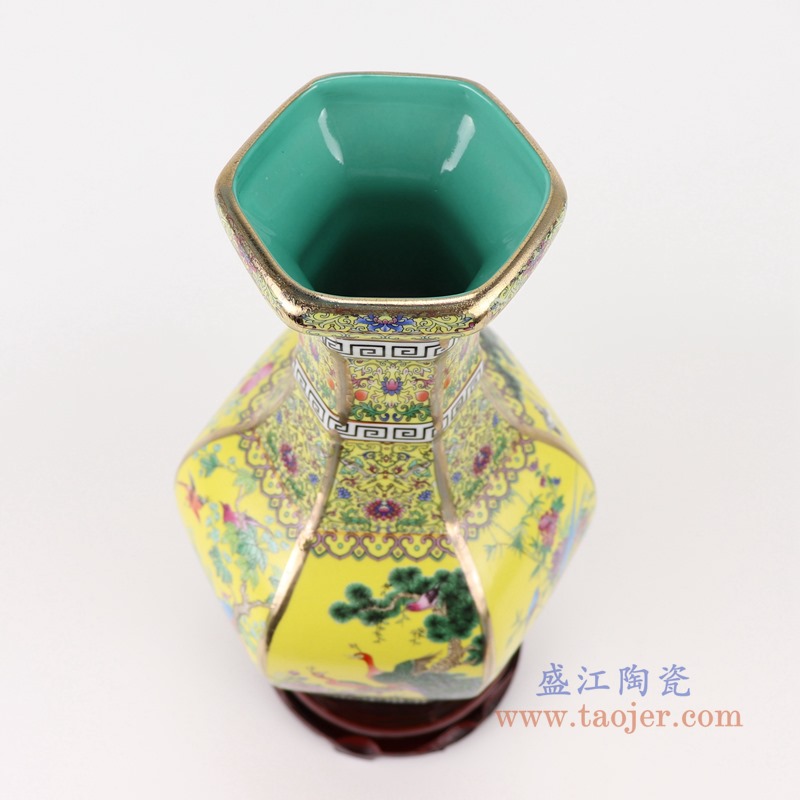 珐琅彩粉彩描金六方黄底花鸟花瓶中号;产品编号:RYRJ18-D 产品尺寸(单位cm): 高:32直径:18.5口径:底径:重量:KG