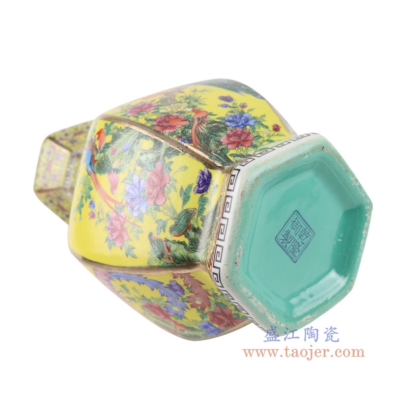 珐琅彩粉彩描金六方黄底花鸟花瓶中号;产品编号:RYRJ18-D 产品尺寸(单位cm): 高:32直径:18.5口径:底径:重量:KG