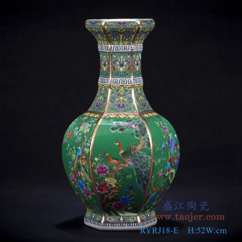 珐琅彩粉彩描金六方绿底花鸟花瓶大号;产品编号:RYRJ18-E 产品尺寸(单位cm): 高:52直径:口径:底径:重量:KG