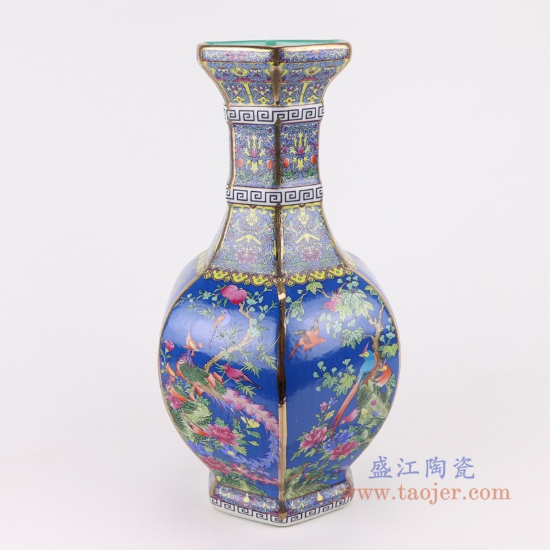 珐琅彩粉彩描金六方蓝底花鸟花瓶中号;产品编号:RYRJ18-F 产品尺寸(单位cm): 高:32直径:18.5口径:底径:重量:KG