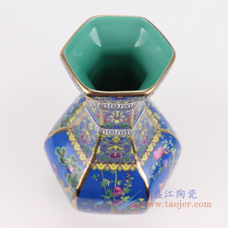 珐琅彩粉彩描金六方蓝底花鸟花瓶中号;产品编号:RYRJ18-F 产品尺寸(单位cm): 高:32直径:18.5口径:底径:重量:KG