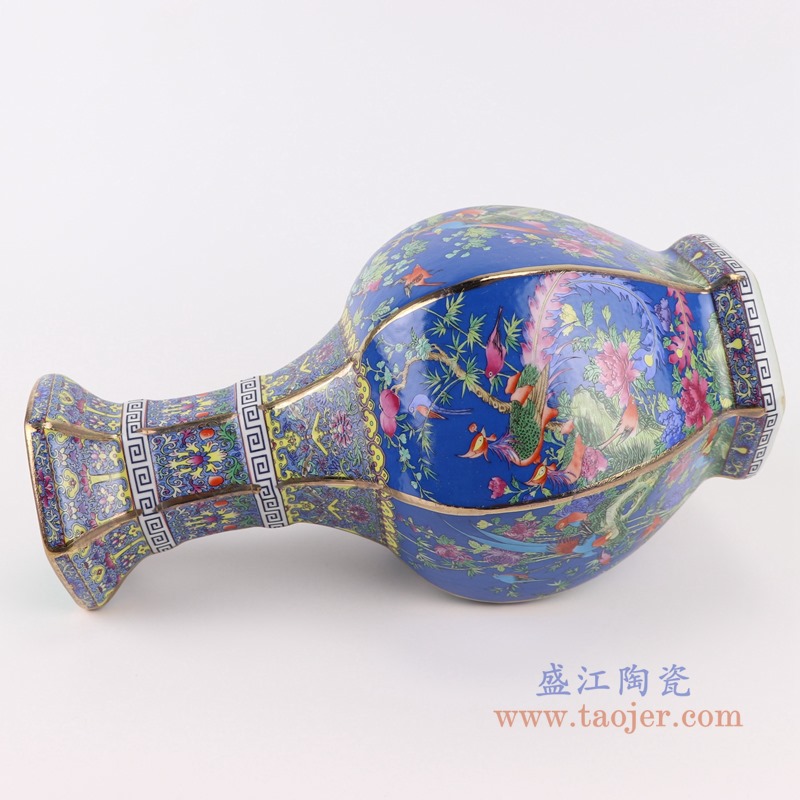 珐琅彩粉彩描金六方蓝底花鸟花瓶中号;产品编号:RYRJ18-F 产品尺寸(单位cm): 高:32直径:18.5口径:底径:重量:KG