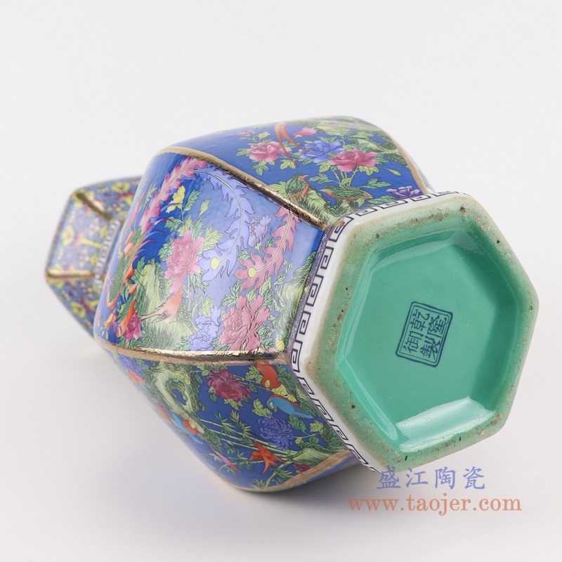 珐琅彩粉彩描金六方蓝底花鸟花瓶中号;产品编号:RYRJ18-F 产品尺寸(单位cm): 高:32直径:18.5口径:底径:重量:KG