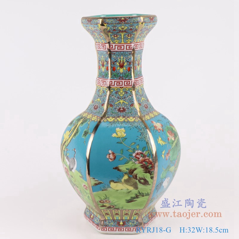 珐琅彩粉彩描金六方天蓝底花鸟花瓶中号;产品编号:RYRJ18-G 产品尺寸(单位cm): 高:32直径:18.5口径:底径:重量:KG