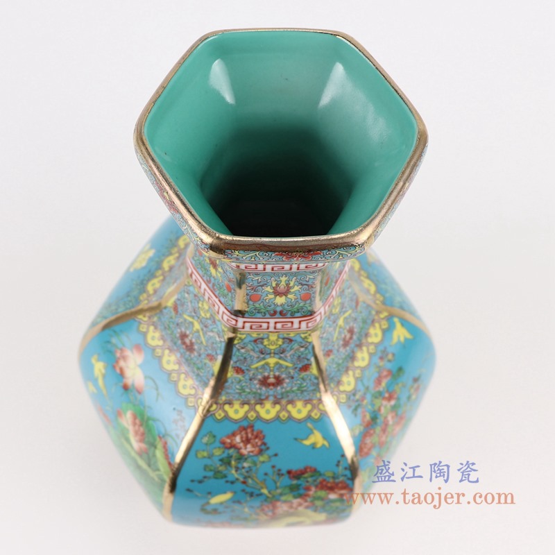 珐琅彩粉彩描金六方天蓝底花鸟花瓶中号;产品编号:RYRJ18-G 产品尺寸(单位cm): 高:32直径:18.5口径:底径:重量:KG