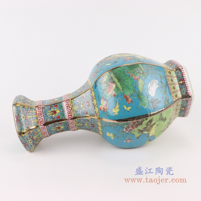 珐琅彩粉彩描金六方天蓝底花鸟花瓶中号;产品编号:RYRJ18-G 产品尺寸(单位cm): 高:32直径:18.5口径:底径:重量:KG