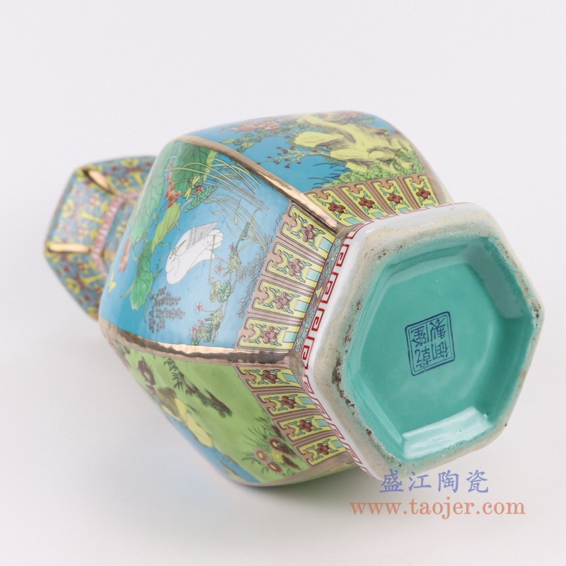 珐琅彩粉彩描金六方天蓝底花鸟花瓶中号;产品编号:RYRJ18-G 产品尺寸(单位cm): 高:32直径:18.5口径:底径:重量:KG
