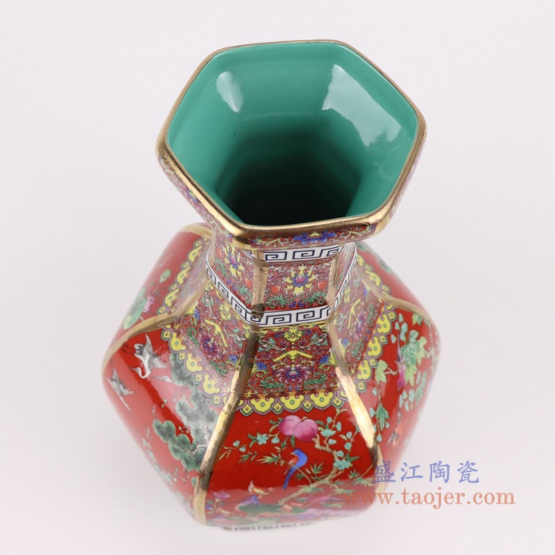 珐琅彩粉彩描金六方红底花鸟花瓶中号;产品编号:RYRJ18-H 产品尺寸(单位cm): 高:32直径:18.5口径:底径:重量:KG