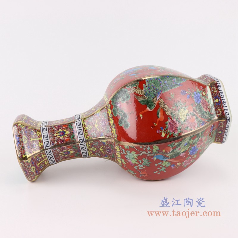 珐琅彩粉彩描金六方红底花鸟花瓶中号;产品编号:RYRJ18-H 产品尺寸(单位cm): 高:32直径:18.5口径:底径:重量:KG