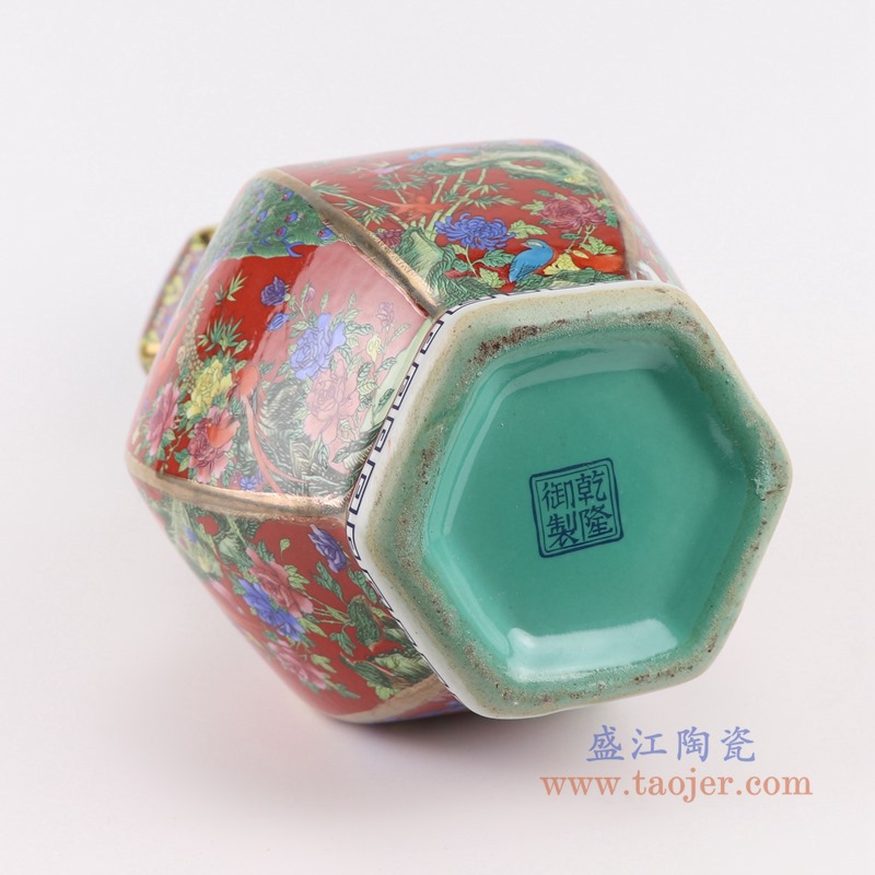 珐琅彩粉彩描金六方红底花鸟花瓶中号;产品编号:RYRJ18-H 产品尺寸(单位cm): 高:32直径:18.5口径:底径:重量:KG