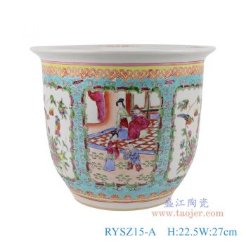 RYSZ15-A    蓝底粉彩手绘开窗仕女人物花鸟花盆大号，   高22.5直径27口径5.6底径14.7重量3.4KG