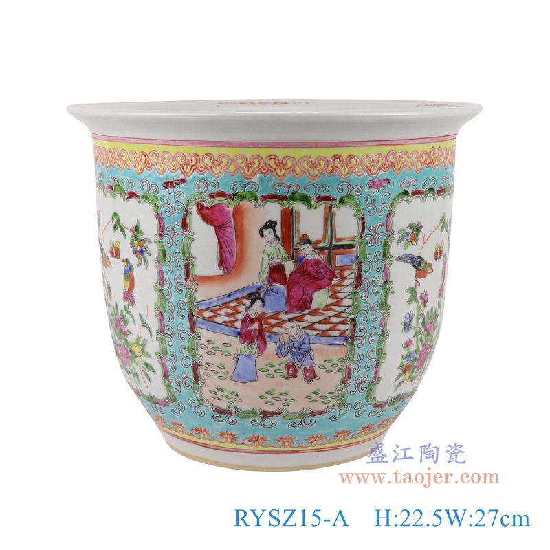 蓝底粉彩手绘开窗仕女人物花鸟花盆大号,产品编号:RYSZ15-A 产品尺寸(单位cm): 高22.5直径27口径5.6底径14.7重量3.4KG