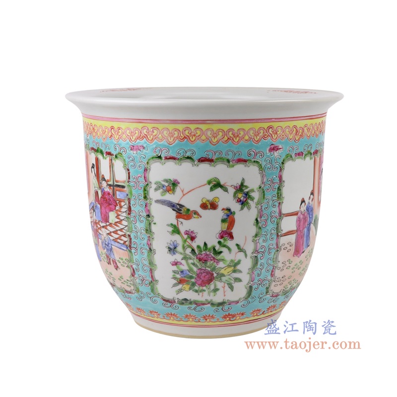 蓝底粉彩手绘开窗仕女人物花鸟花盆大号,产品编号:RYSZ15-A 产品尺寸(单位cm): 高22.5直径27口径5.6底径14.7重量3.4KG