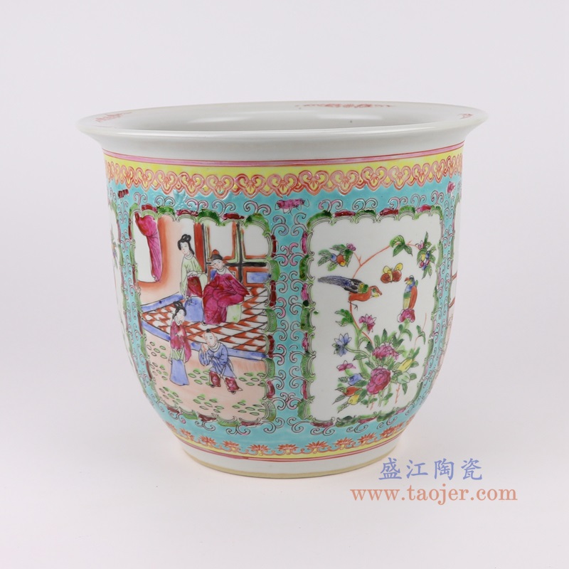 蓝底粉彩手绘开窗仕女人物花鸟花盆大号,产品编号:RYSZ15-A 产品尺寸(单位cm): 高22.5直径27口径5.6底径14.7重量3.4KG