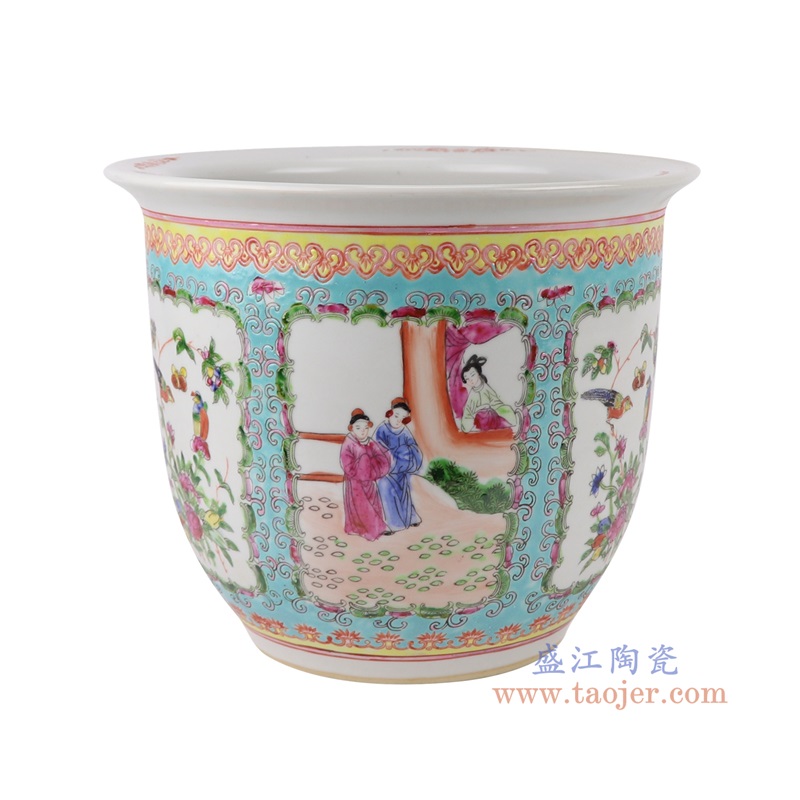 蓝底粉彩手绘开窗仕女人物花鸟花盆大号,产品编号:RYSZ15-A 产品尺寸(单位cm): 高22.5直径27口径5.6底径14.7重量3.4KG